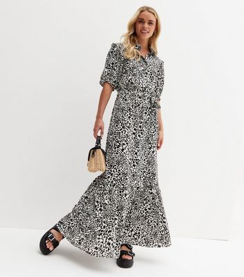 Petite Black Leopard Print Collared Midi Shirt Dress