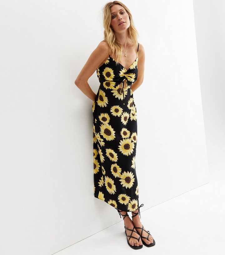 Black Sunflower Tie Front Cut Out Midi Dress | New Look