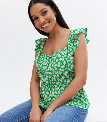 Petite Green Floral Crepe Frill Button Peplum Top New Look