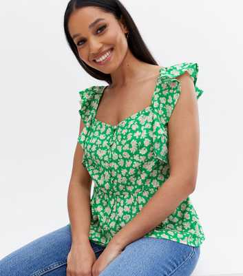 Petite Green Floral Crepe Frill Button Peplum Top