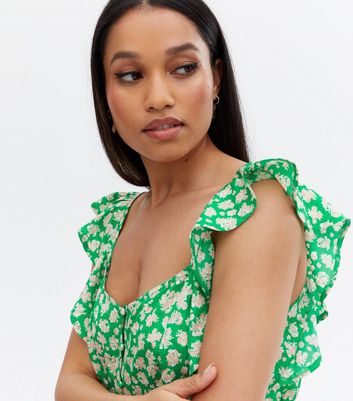 Damen Bekleidung Petite Green Floral Crepe Frill Button Peplum Top Damen Bekleidung Petite Green Floral Crepe Frill Button Peplum Top