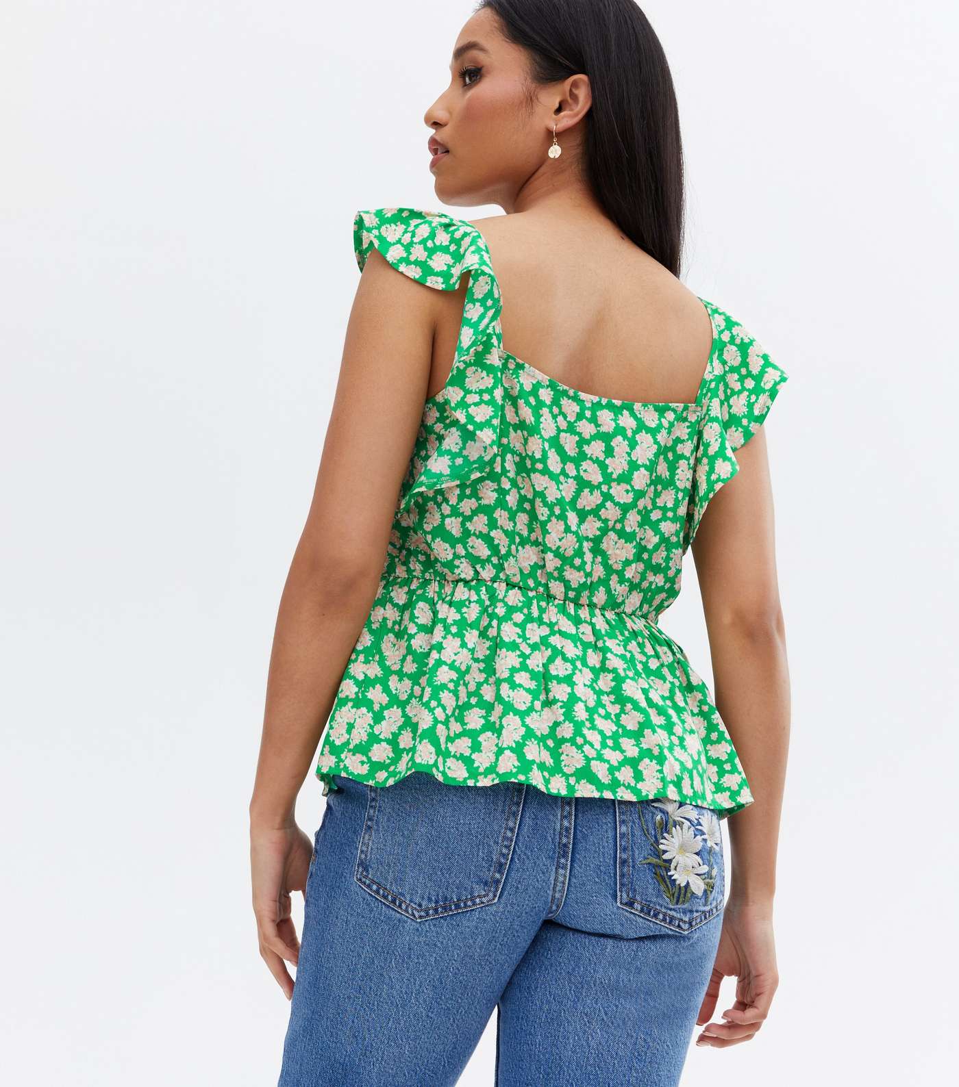 Petite Green Floral Crepe Frill Button Peplum Top Image 4