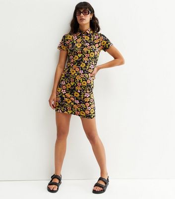 Black Floral Collared Button Front Polo Mini Dress New Look