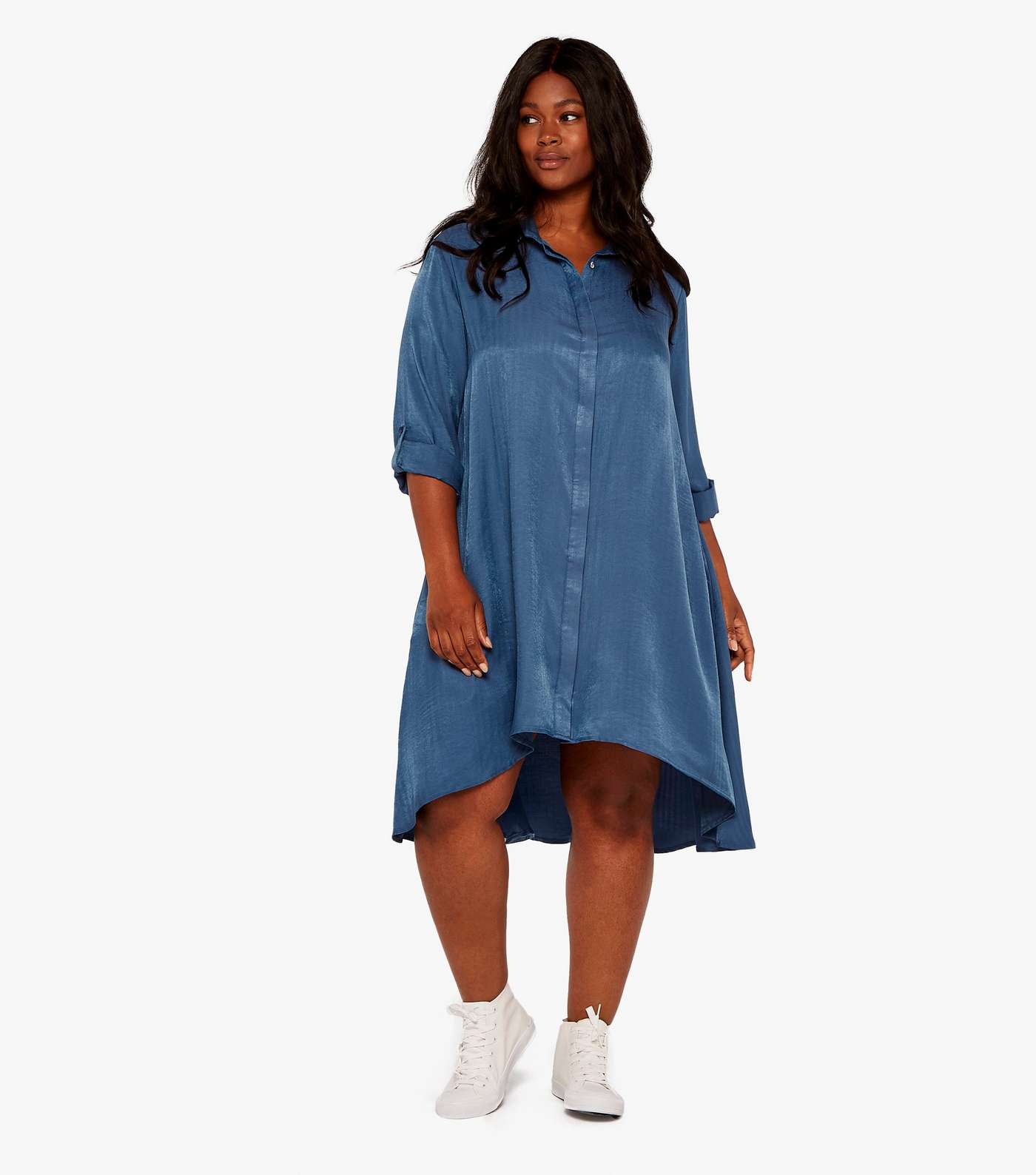 Apricot Curves Blue Twill Satin Midi Shirt Dress