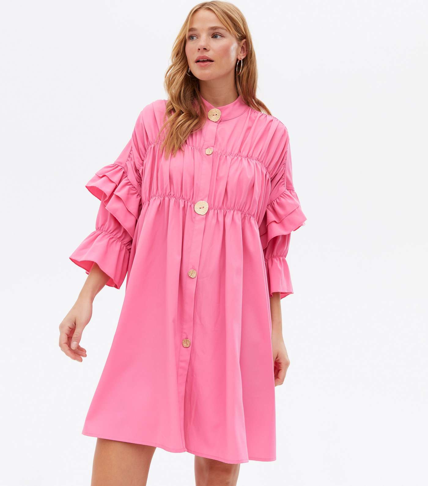 Cameo Rose Pink Ruched Frill Button Mini Smock Dress