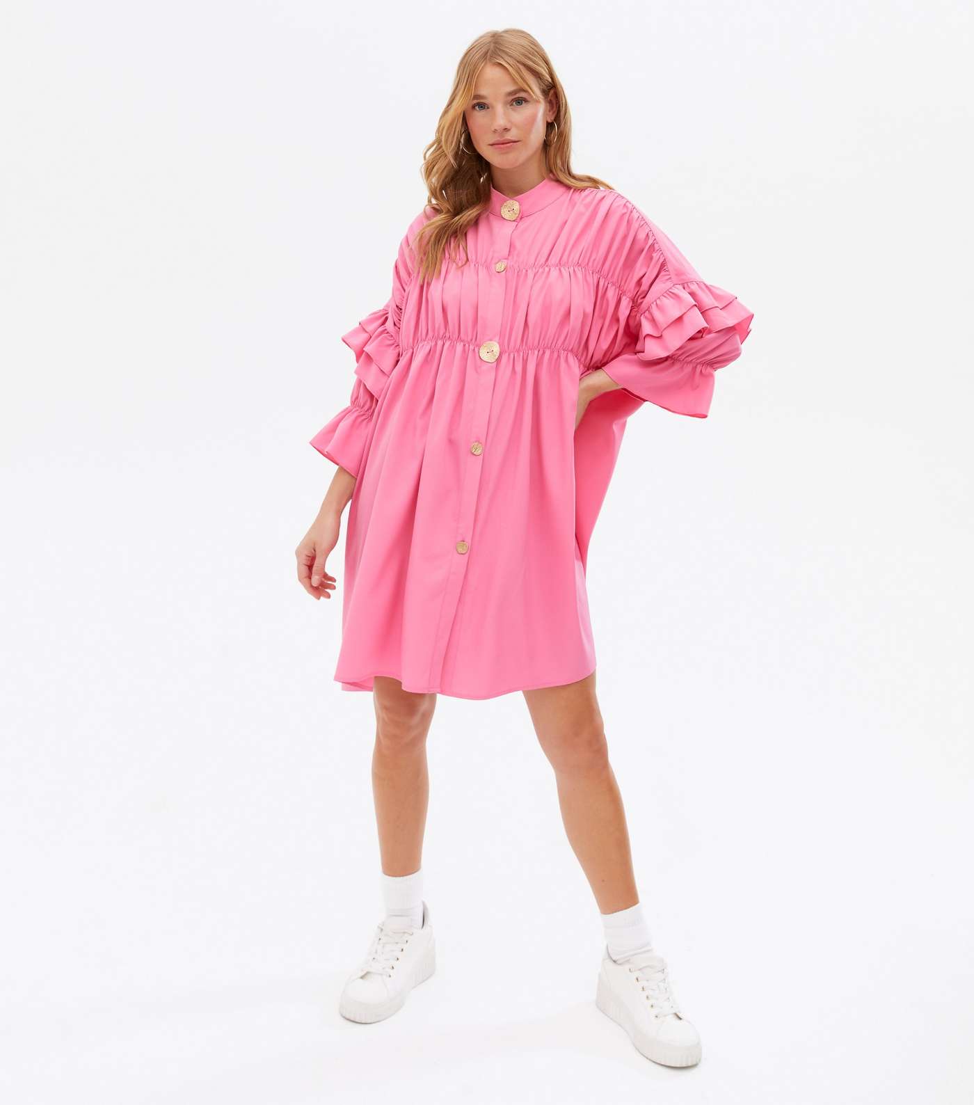 Cameo Rose Pink Ruched Frill Button Mini Smock Dress Image 3