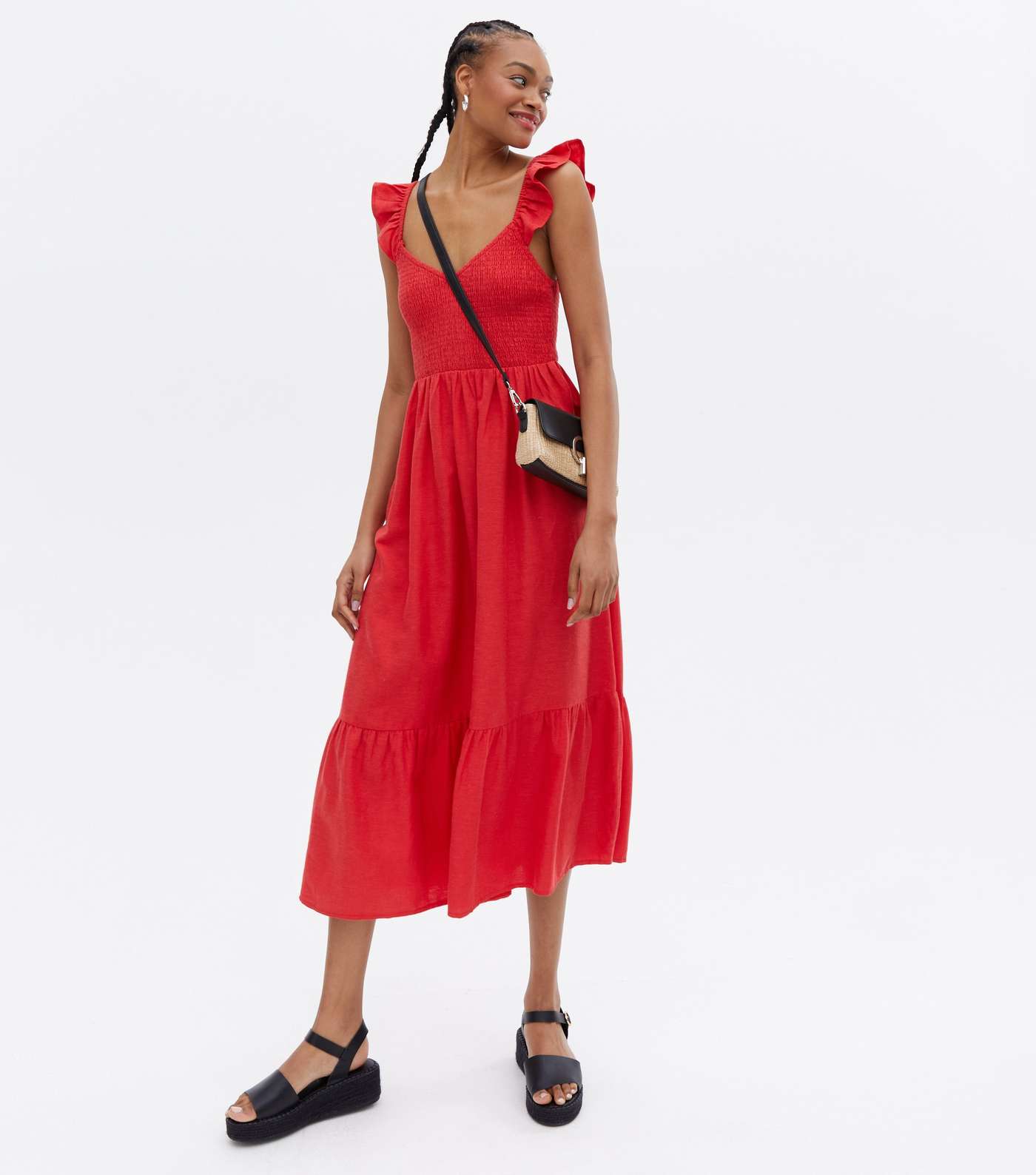 Tall Red Shirred V Neck Tiered Frill Midi Dress