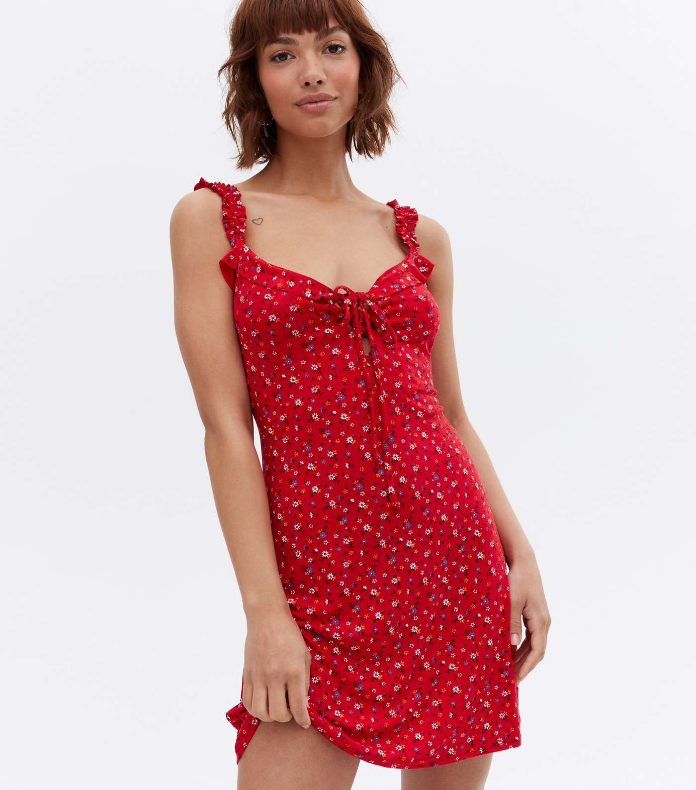 Cameo Rose Red Ditsy Floral Frill Strap Mini Dress