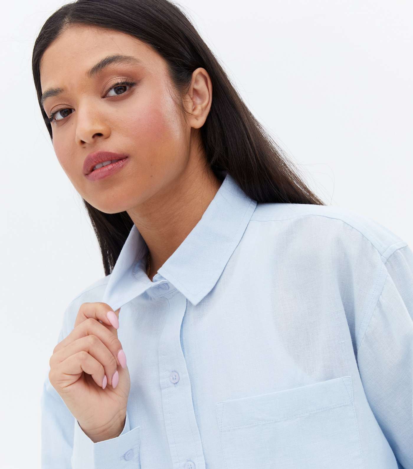 Petite Pale Blue Linen-Look Puff Sleeve Shirt Image 2
