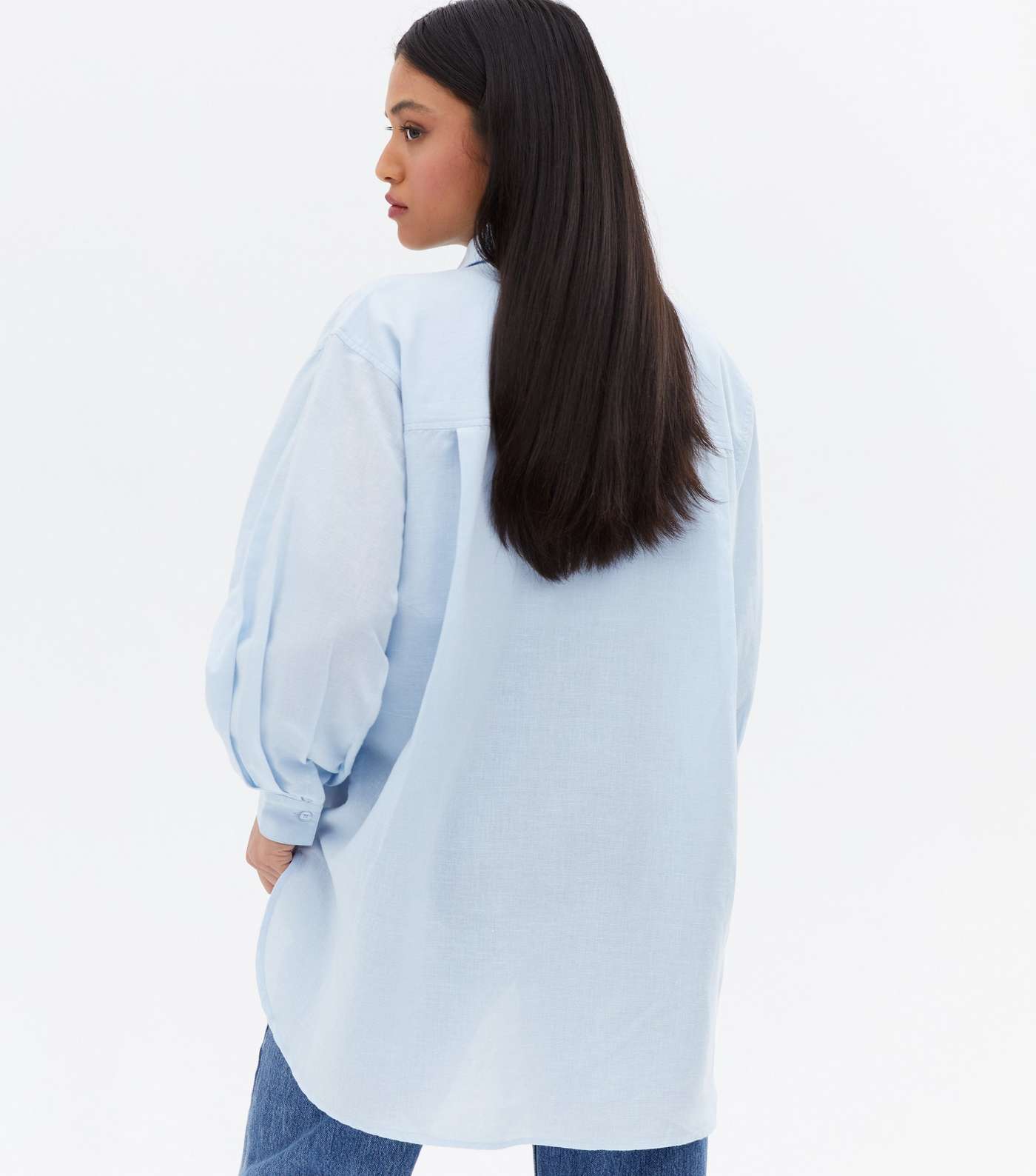 Petite Pale Blue Linen-Look Puff Sleeve Shirt Image 4