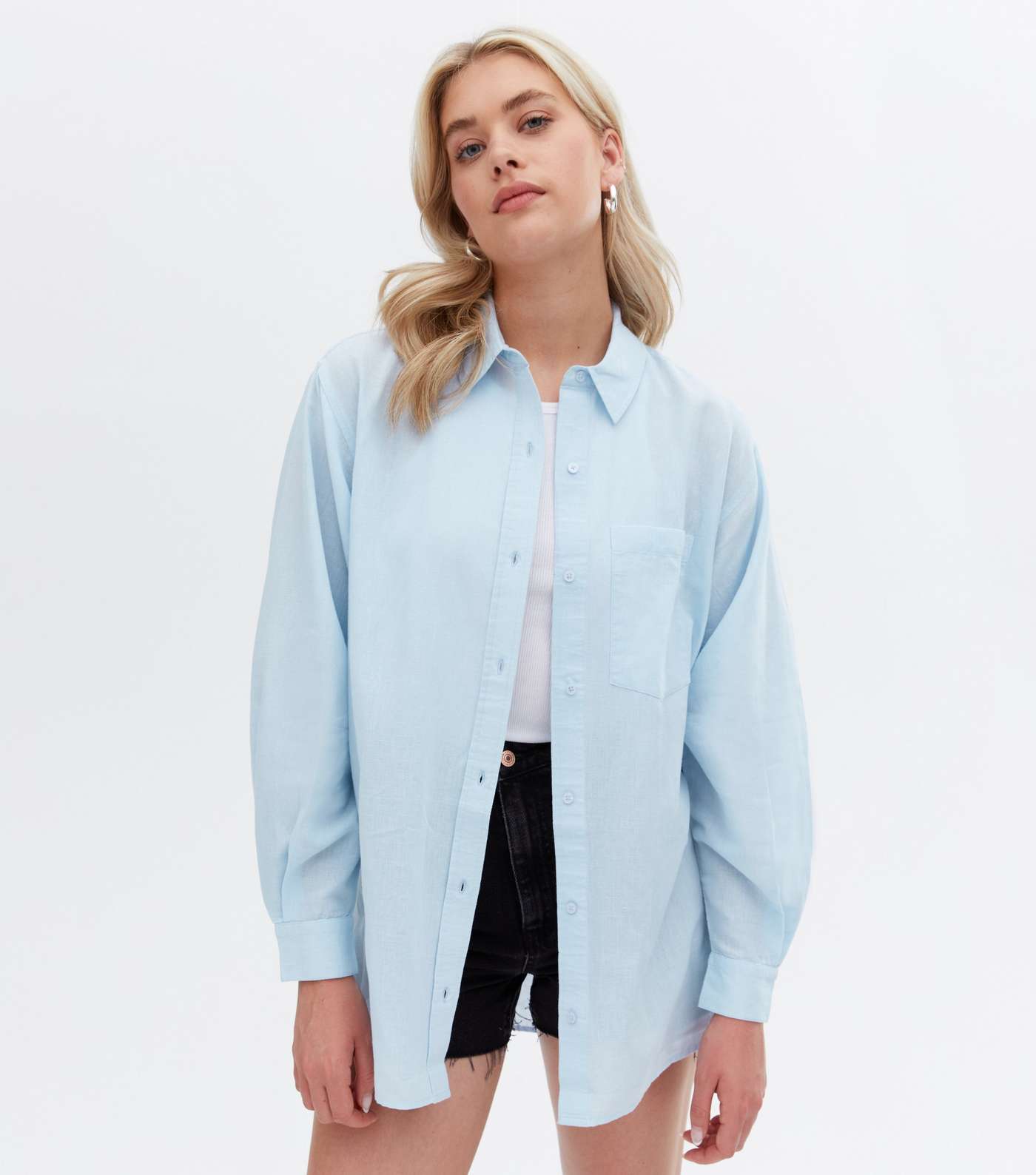 Tall Pale Blue Linen-Look Puff Sleeve Shirt Image 2