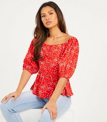 Click to view product details and reviews for Quiz Red Floral Button Front Peplum Top New Look.