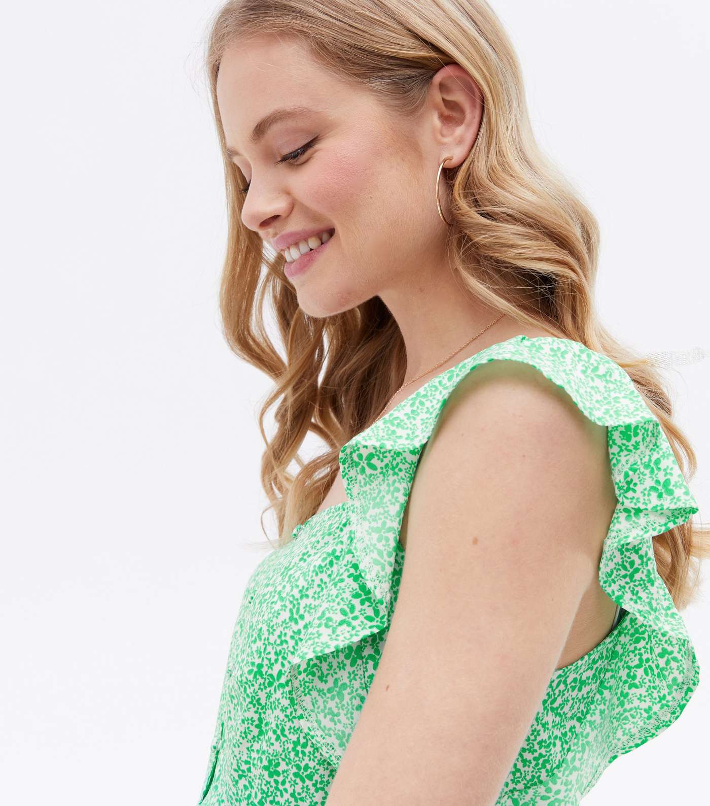 Green Floral Frill Button Front Peplum Cami Image 3