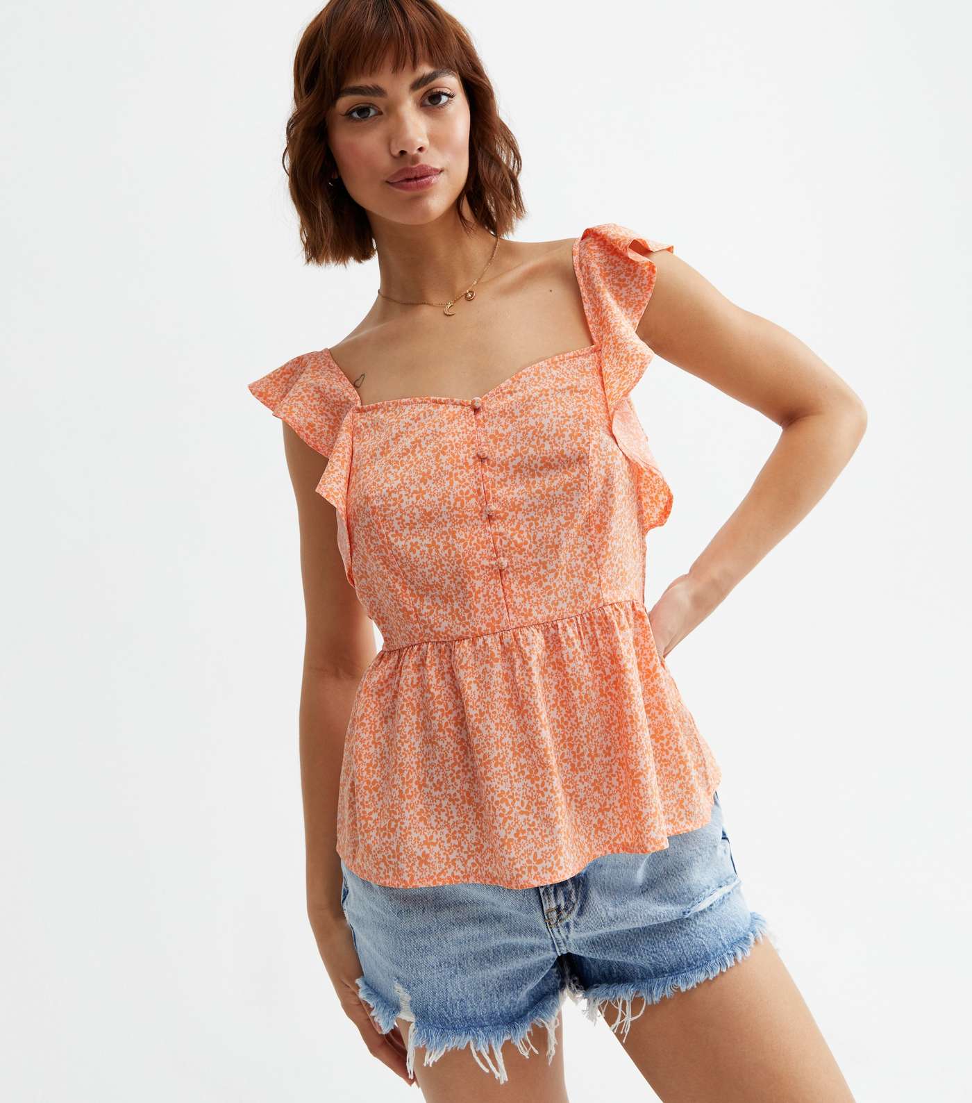 Pink Floral Frill Button Front Peplum Cami Image 2