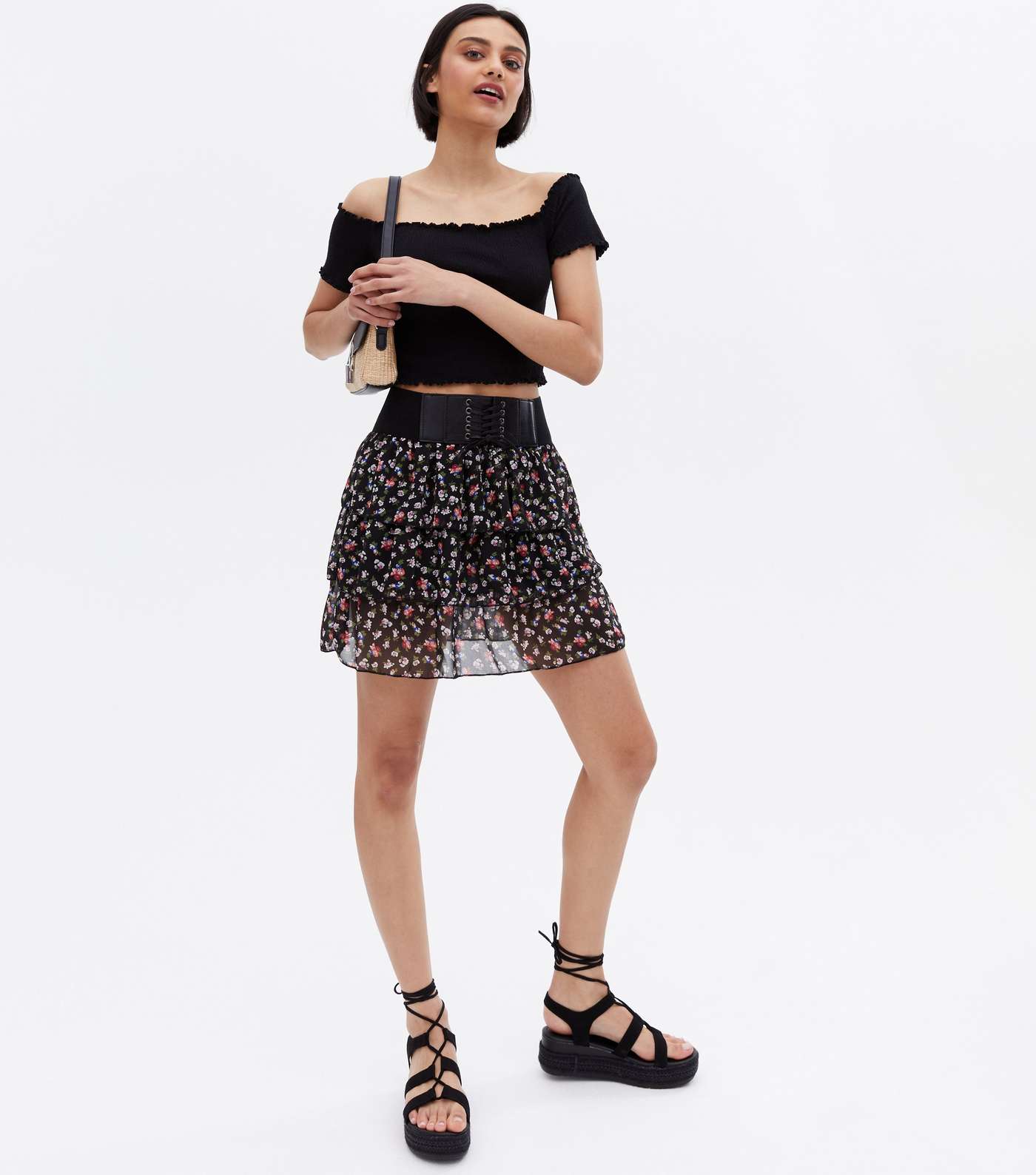 Cameo Rose Black Floral Lace Up Belted Mini Skirt