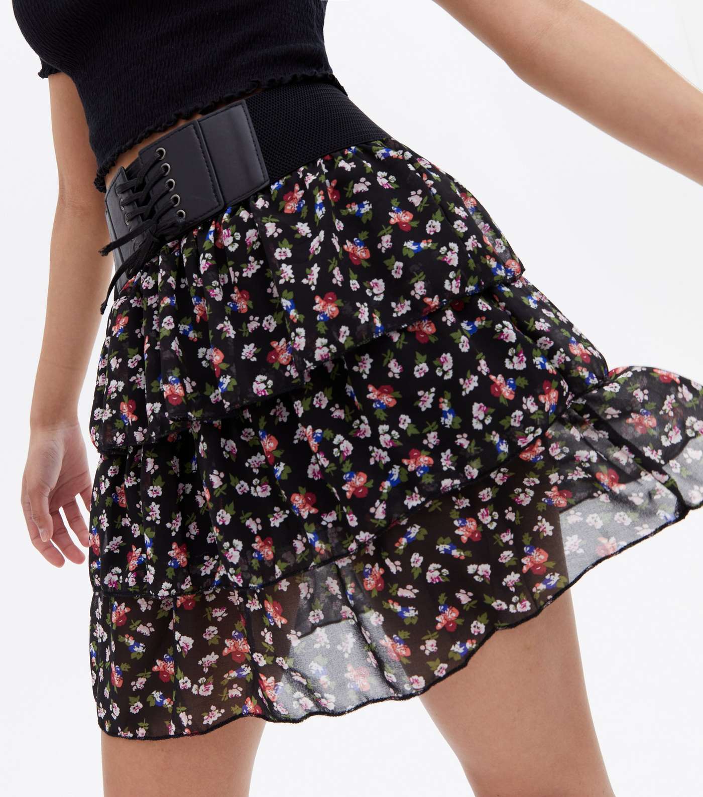 Cameo Rose Black Floral Lace Up Belted Mini Skirt Image 3