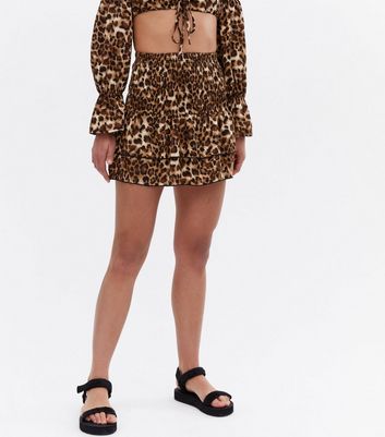 Cameo Rose Brown Leopard Print Shirred Mini Skirt New Look