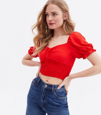 Click to view product details and reviews for Cameo Rose Red Shirred Tie Front Crop Top New Look.