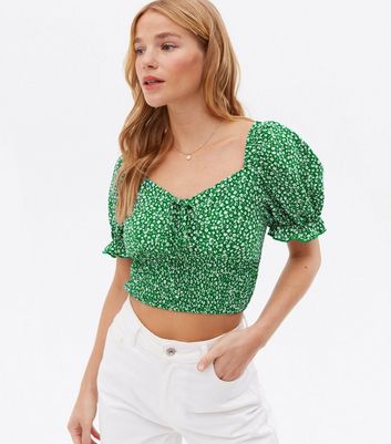 Cameo Rose Green Floral Ruched Crop Top 