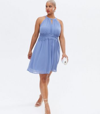 Click to view product details and reviews for Vila Curves Blue Halter Neck Lace Trim Dress New Look.