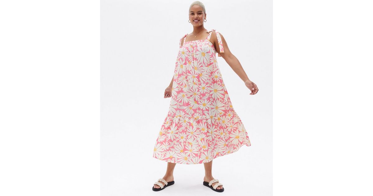 Curves Pink Daisy Strappy Midi Smock Dress New Look
