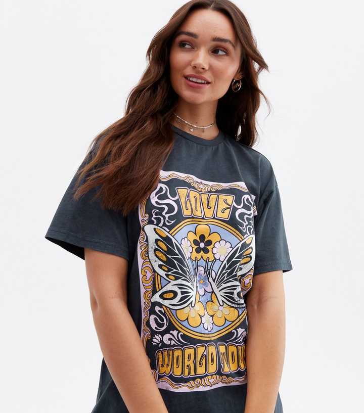 Dark Grey Butterfly Acid Wash Love Oversized Logo T-Shirt