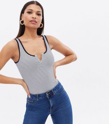 Click to view product details and reviews for White Stripe Notch Neck Bodysuit New Look.