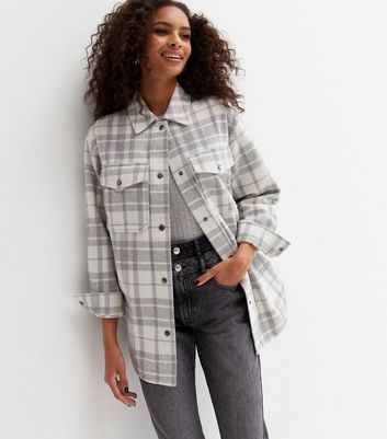 New Look Women's Light Grey Check Double Pocket Shacket - UK 14