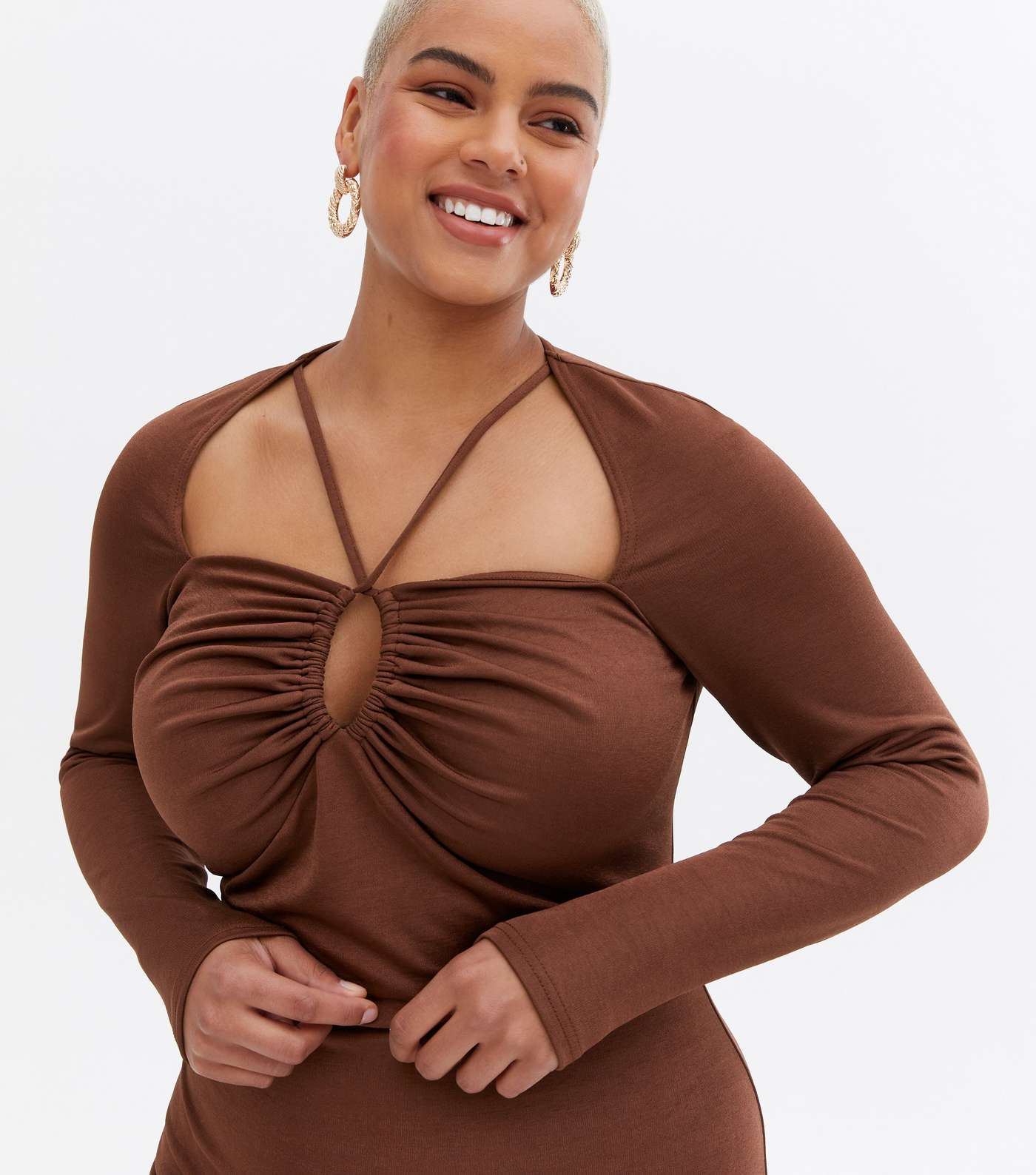 Curves Brown Strappy Cut Out Long Sleeve Midi Dress Image 3