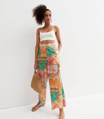 Green Scarf Print Wide Leg Trousers 