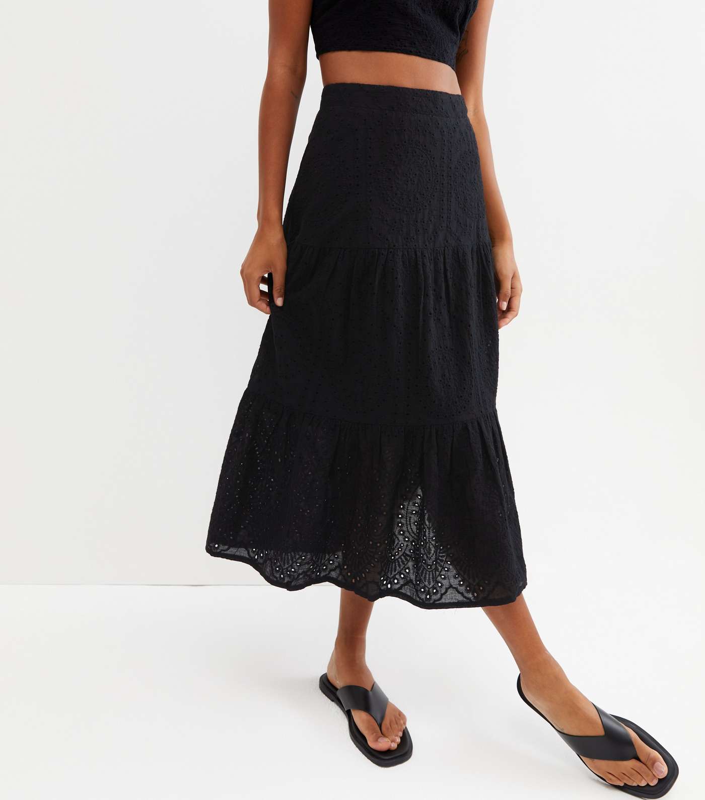 Black Cutwork Tiered Midi Skirt Image 2