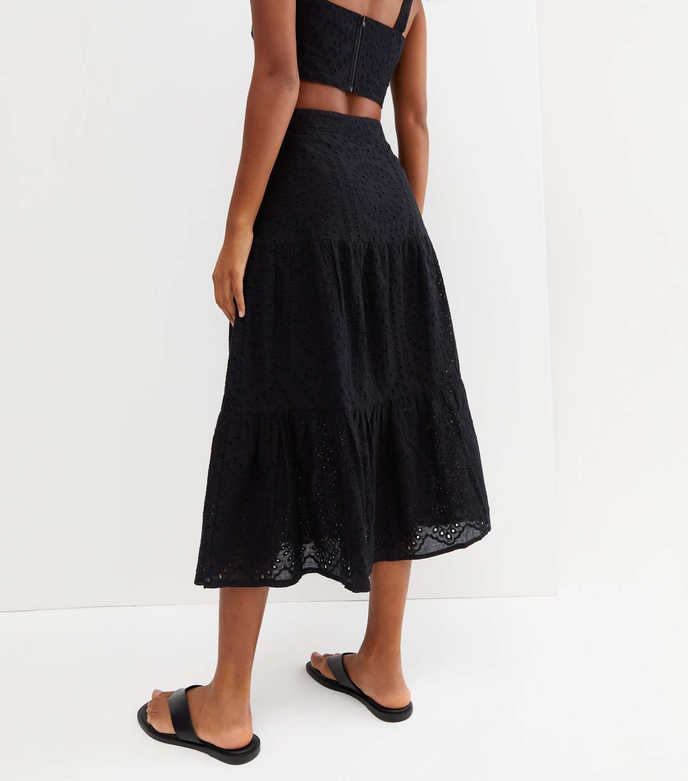 Black Cutwork Tiered Midi Skirt Image 4