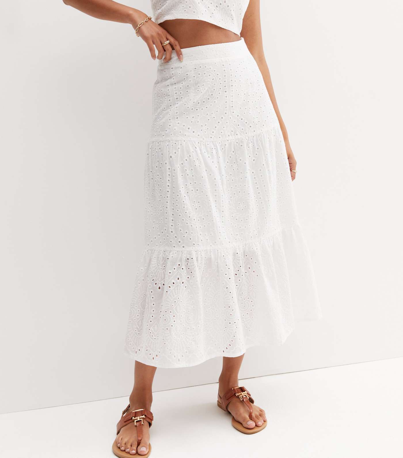 White Cutwork Tiered Midi Skirt Image 2