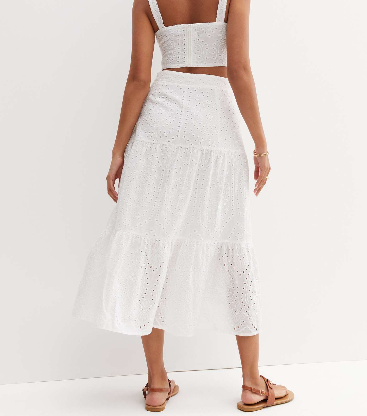 White Cutwork Tiered Midi Skirt Image 4