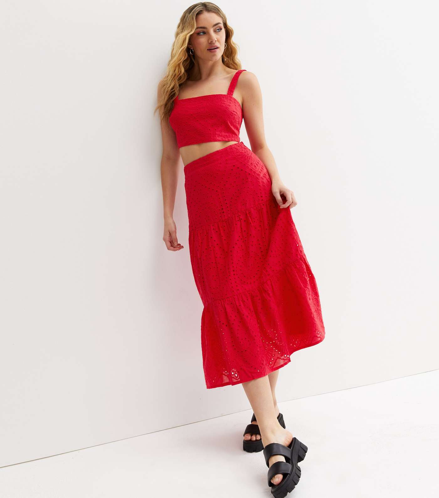 Red Cutwork Tiered Midi Skirt