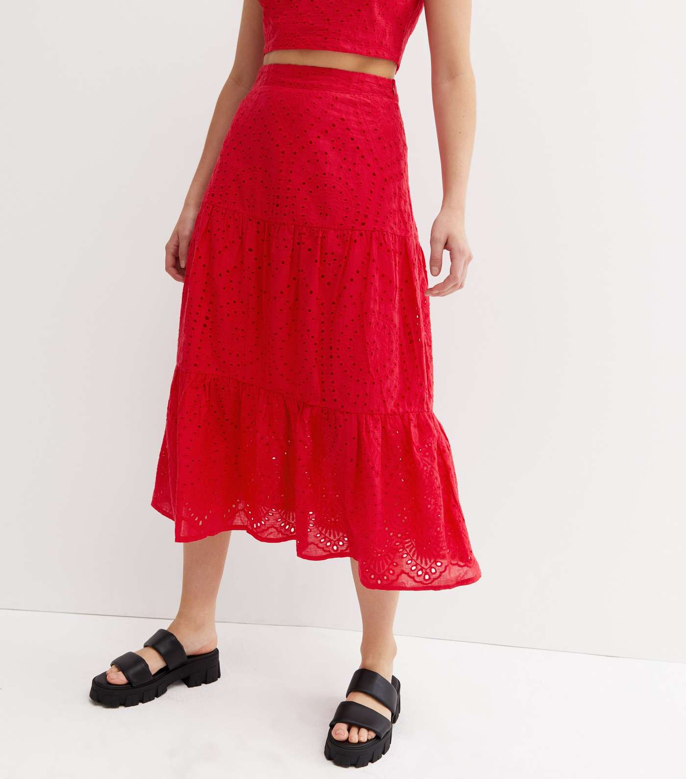 Red Cutwork Tiered Midi Skirt Image 3