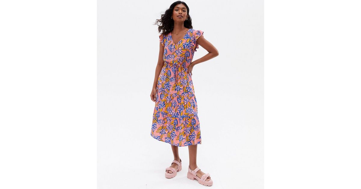 JDY Pink Tropical Drawstring Tiered Midi Dress | New Look