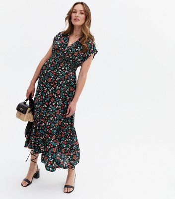 Maternity Black Floral Midi Wrap Dress | New Look