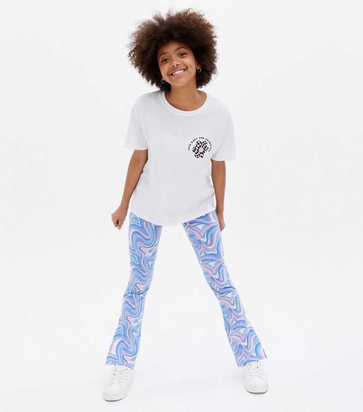 Girls Blue Marble Split Hem Flared Trousers