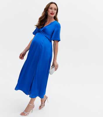 Maternity Blue Twist Front Satin Midi Dress