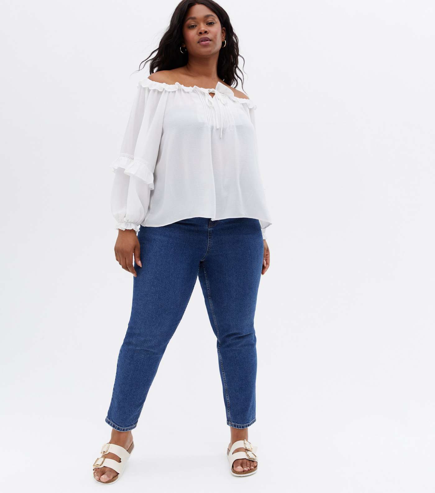 Curves Off White Frill Tie Front Bardot Blouse Image 2