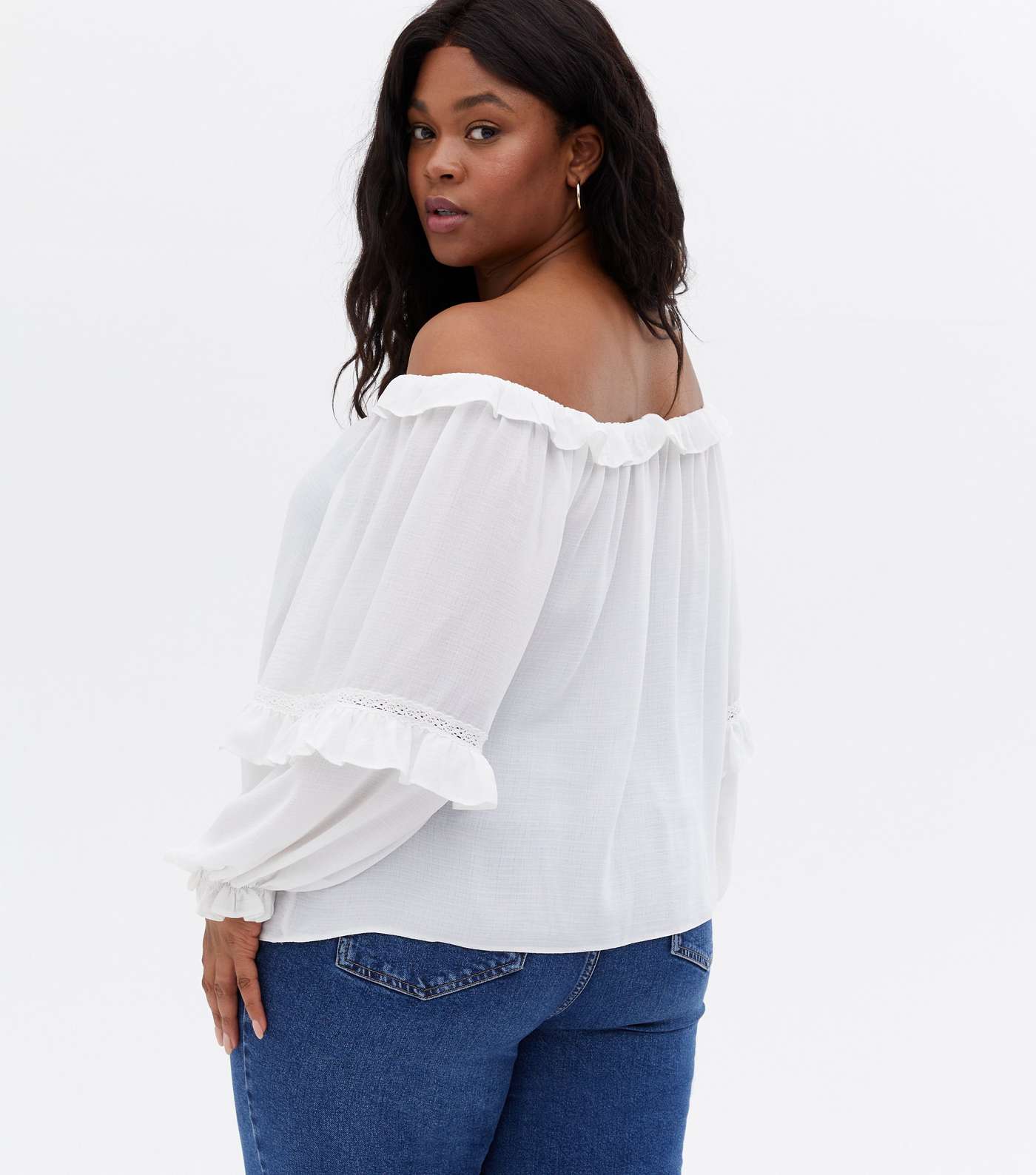 Curves Off White Frill Tie Front Bardot Blouse Image 4