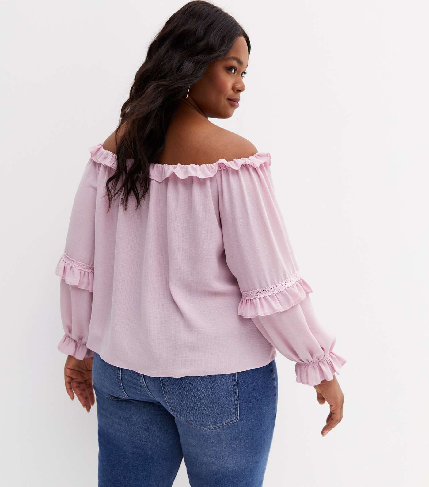 Curves Pink Frill Tie Front Bardot Blouse Image 4