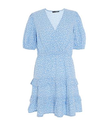 Quiz Pale Blue Floral Frill Mini Wrap Skater Dress New Look