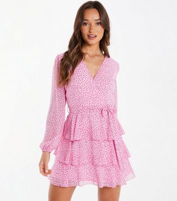 Quiz Mid Pink Polka Dot Mini Wrap Skater Dress New Look