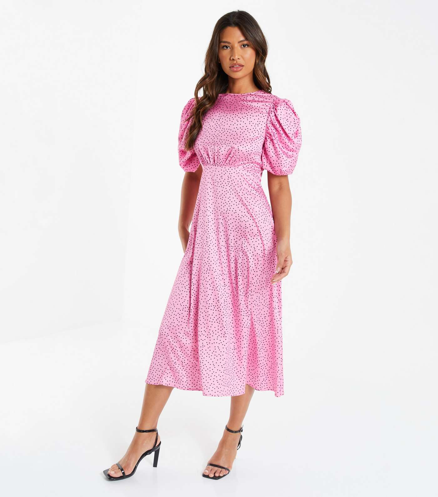 QUIZ Mid Pink Polka Dot Satin Midi Dress Image 2