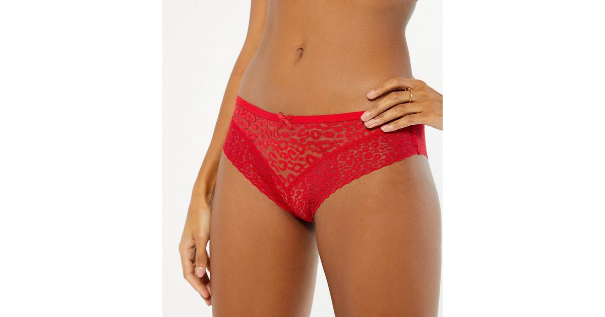 3 Pack Red Leopard Lace Brazilian Briefs | New Look
