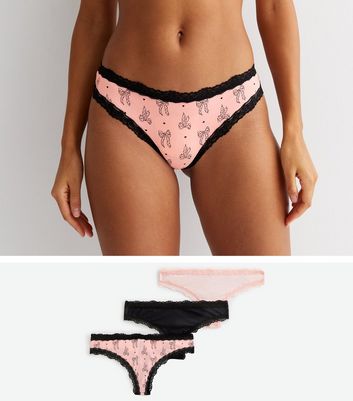 3 Pack Pink and Black Bow Lace Trim Thongs