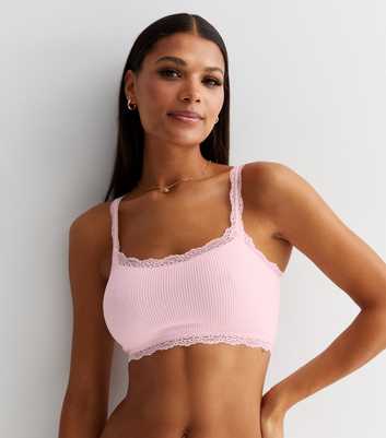 Mid Pink Lace Trim Seamless Crop Top Bra