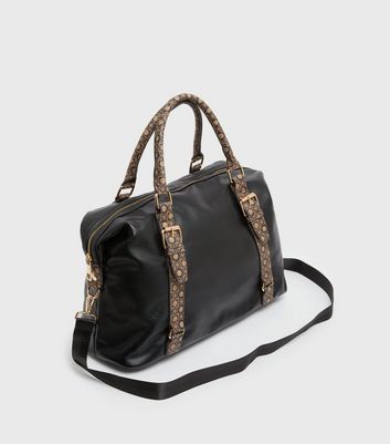 New Look Black Leather-Look Monogram Strap Weekend Bag